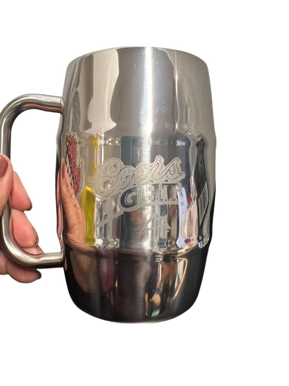 The Silver Bullet Coors stainless steel beer mug, barrel shaped, polished finish